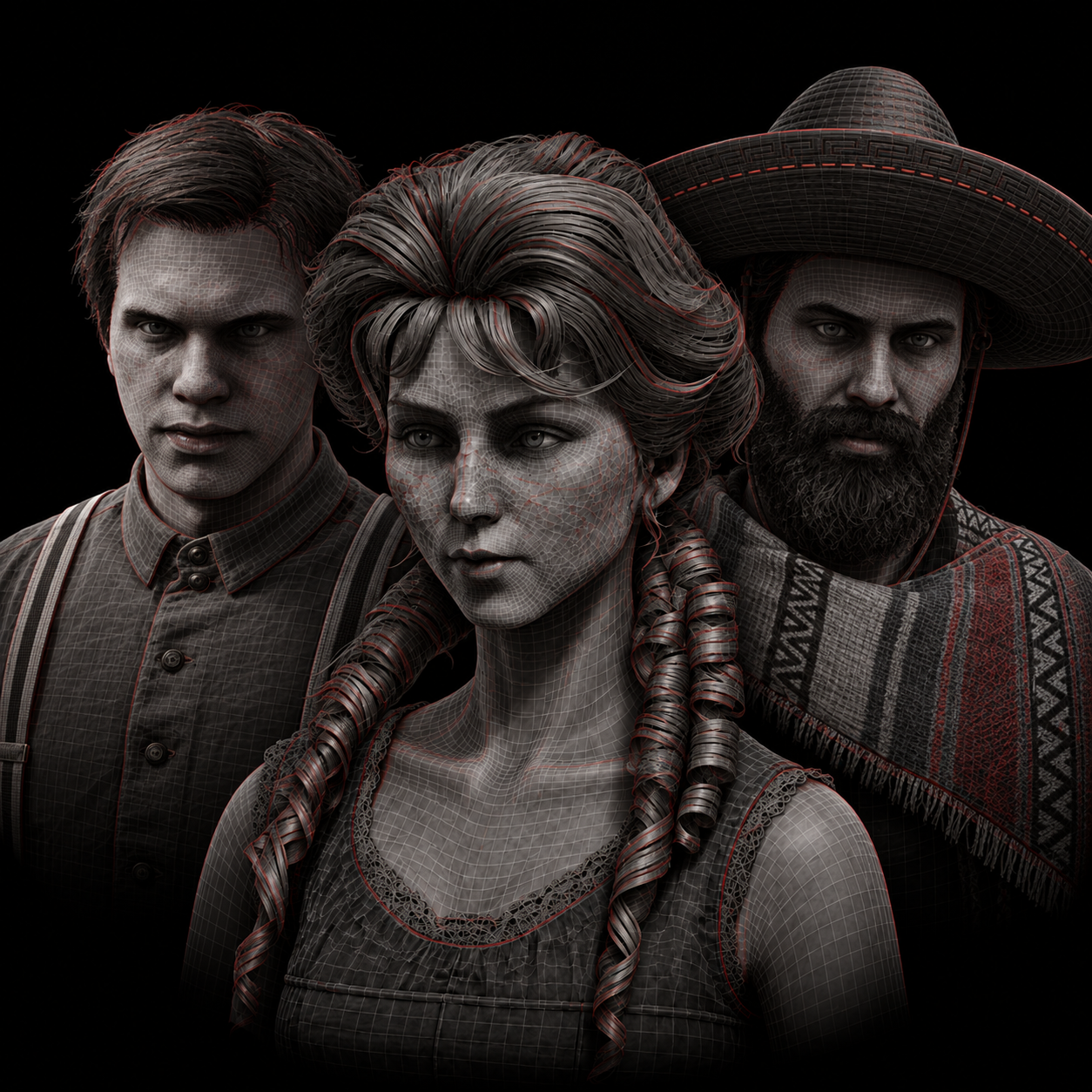 Three DeadM characters in a graphite wireframe study, compared with an ivory sculpture treatment.
